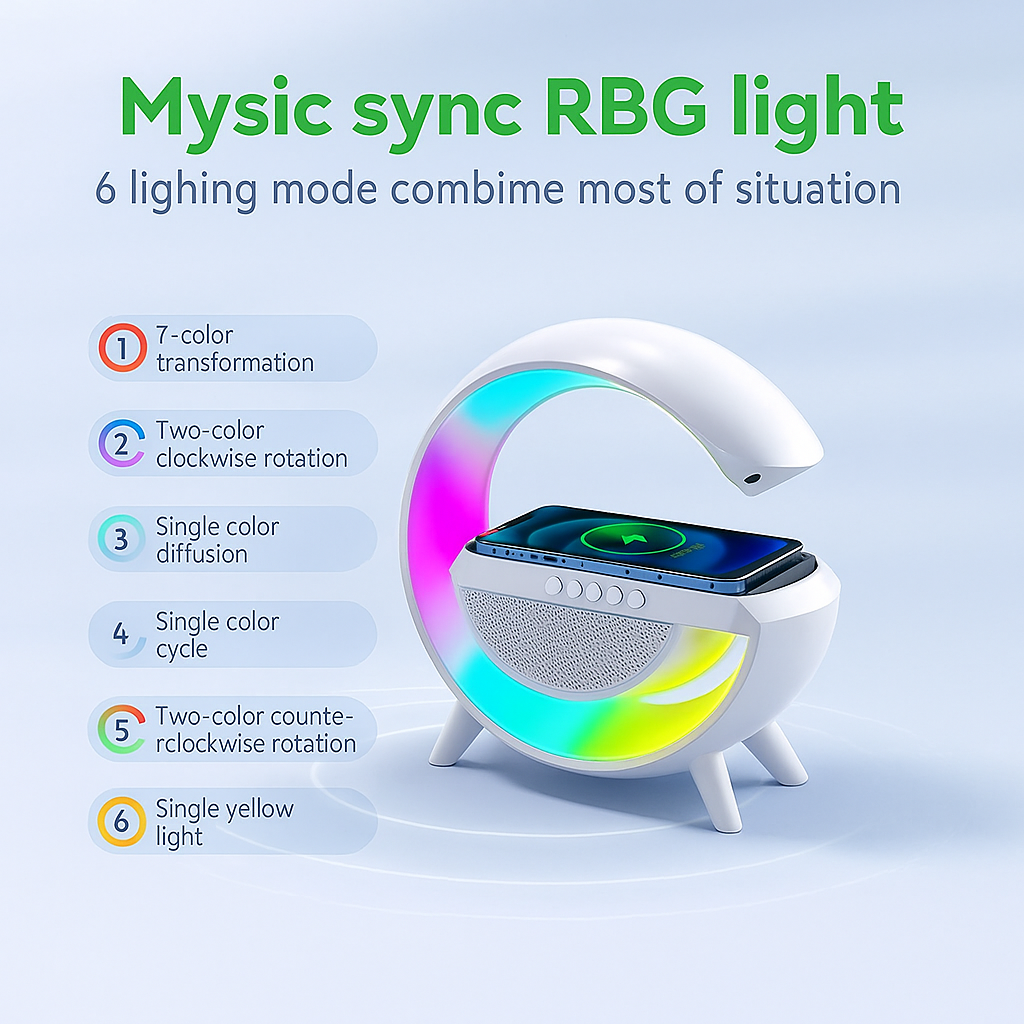 3 IN 1 MULTIFUNCTION G SHAPE LED BLUTOOTH SPEAKER WITH WIRELESD FAST CHARGER